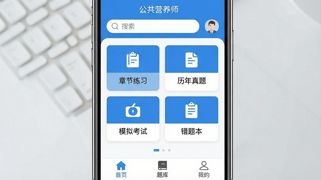 һ���ֻ�Ӧ�ý���չʾͼ�����������ǡ�����Ӫ��ʦ��APP�������棬������ʾ��������û�ͷ���м����ĸ����ܿ�Ƭ���ֱ�д�š��½���ϰ�����������⡱��ģ�⿼�ԡ������Ȿ�����ײ�������ѡ�д�š���ҳ������⡱���ҵġ������岼�ּ�࣬������ɫ��Ϊ��������ִ���ƽ�����ʸɾ��������޶���Ԫ��