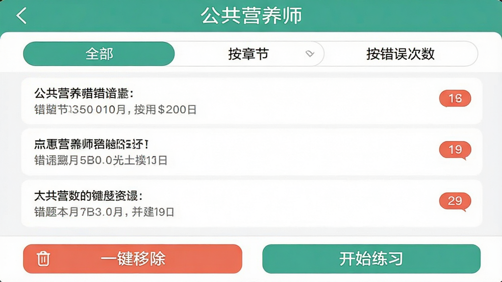 һ�š�����Ӫ��ʦ��APP�Ĵ��Ȿ����ͼ��ҳ�涥����ɸѡ��ǩ��ȫ���������½ڡ�����������������·��б�չʾ�������⣬ÿ�����Ա��к�ɫ���ֱ�Ǵ���������ײ��С�һ���Ƴ����͡���ʼ��ϰ����ť����������ʵ�ã���ɫ��ˬ���޹����
