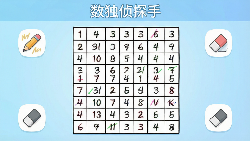 数独侦探手应用主界面展示,画面中央是清晰的九宫格数独棋盘,格子里有手写风格的数字,棋盘周围有铅笔标记和橡皮擦工具图标,背景是柔和的浅蓝色渐变,顶部写着“数独侦探手”应用名称,整体风格简洁明快,扁平化设计,画质干净无多余元素