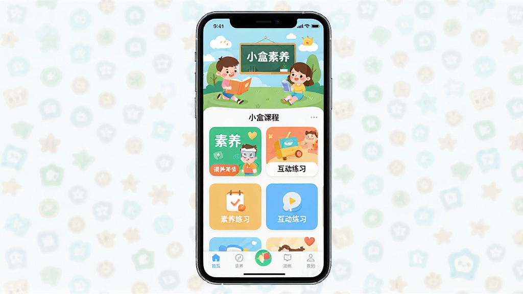 һ��չʾС������App����ȫò�Ľ����ͼ�������������ֻ���Ļ����Ļ����ʾС����������ҳ�������п�ͨ����ѧϰ�����廭���м��������γ̿�Ƭ�ͻ�����ϰ��ڣ��ײ�����������������ɫ���������ã����Ϊ��ƽ����ͯ������UI��ƣ�ϸ��Բ�󣬻��ʸɾ��������޶���Ԫ�ء�