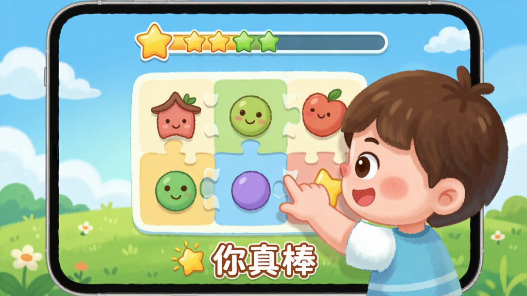 С������App��Ȥζ������ϰ���棬����չʾһ����ͨС���������϶���Ļ�ϵ�ͼ�����ƴͼ������Ļ�Ϸ������ǽ��������·��й������֡��������������������ݵأ����Ϊ��ͯ�廭�磬ɫ��������ͣ�ϸ�����������ʸɾ��޶���Ԫ�ء�