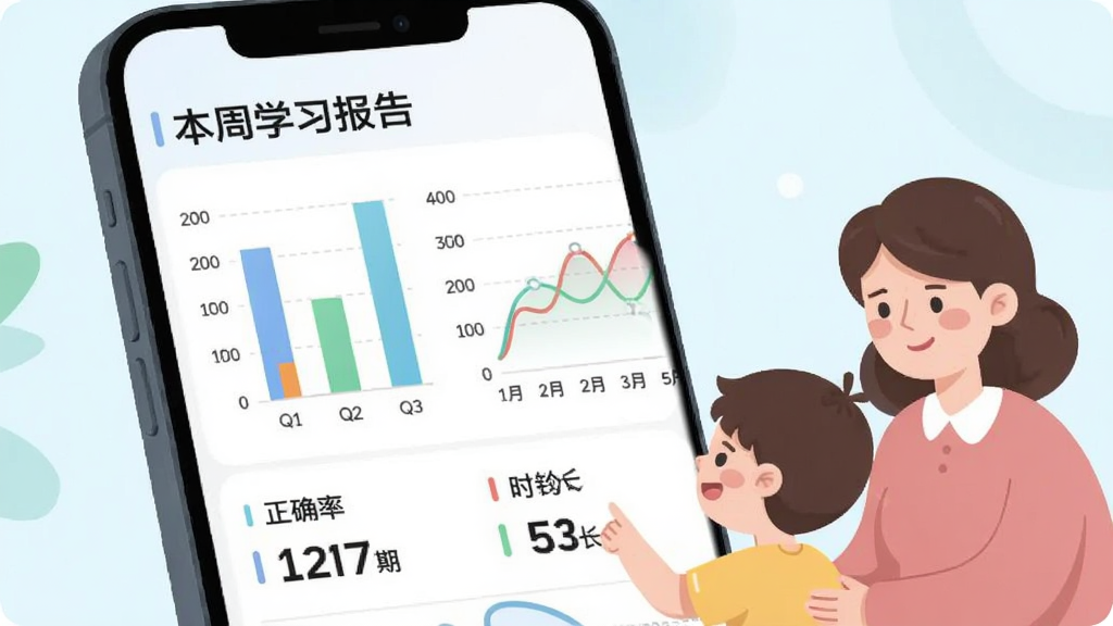 С������Appѧϰ������棬����չʾ�ֻ���Ļ����ʾ��״ͼ������ͼ��ͼ������Ϊ������ѧϰ���桱���·�����ȷ�ʺ�ʱ�����ݣ��Ա��п�ͨ�ҳ��ͺ��ӵ������ڲ鿴���棬���Ϊ�ִ���ƽ����Ϣͼ����ƣ�ɫ�����£����ֱ�ǩ���������ʸɾ��޶���Ԫ�ء�