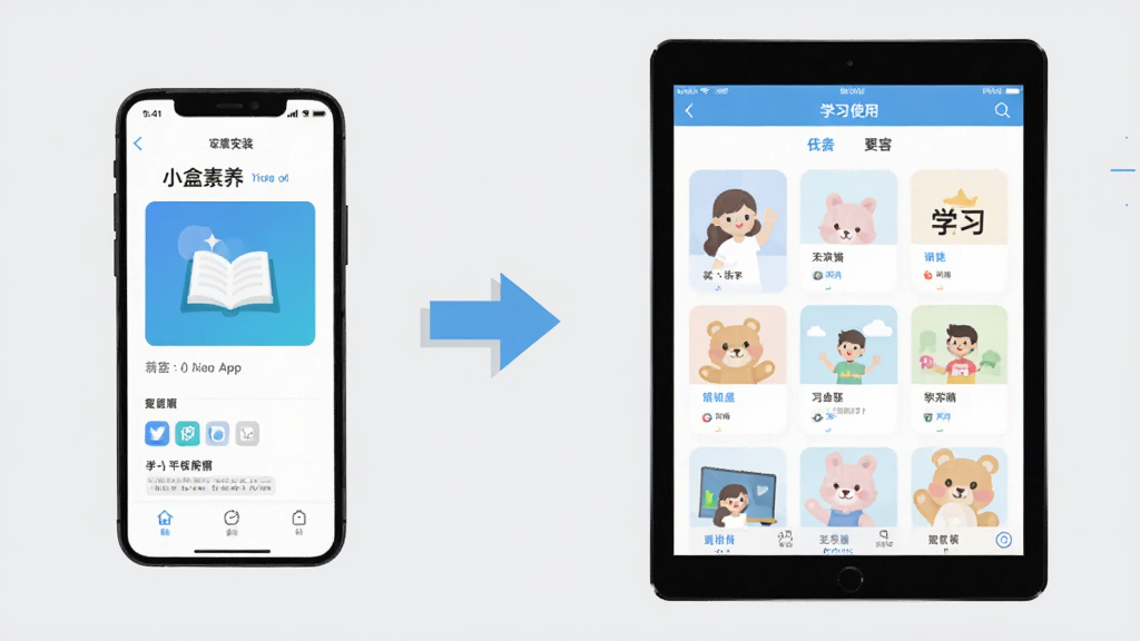 С������App���ֻ���ƽ���ϵİ�װʹ��ʾ��ͼ������������ֻ���ʾ���ذ�װ���棬�Ҳ���ƽ����ʾѧϰ���棬�м��м�ͷ���ӣ�����Ϊǳ��ɫ�����Ϊ���̳����ͼ��ϸ�����������ʸɾ��޶���Ԫ�ء�