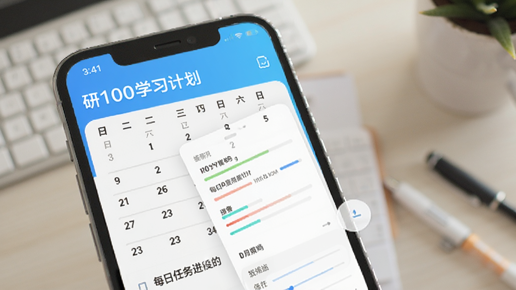 研100学习计划页面,手机屏幕显示日历打卡记录和每日任务进度条,风格清新,数据可视化直观
