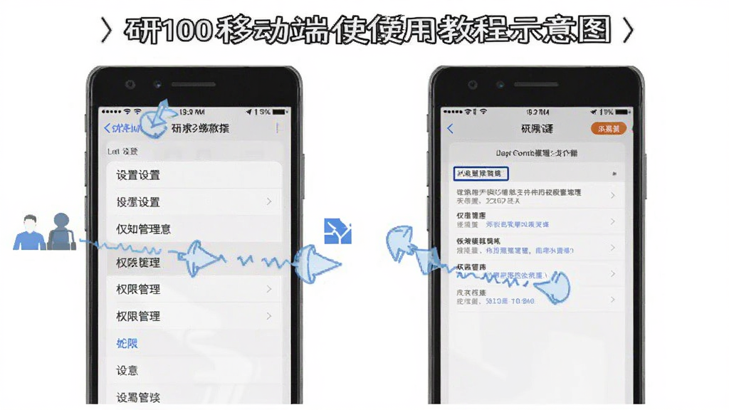 研100移动端使用教程示意图,手机屏幕显示设置菜单和权限管理界面,标注清晰,风格简洁