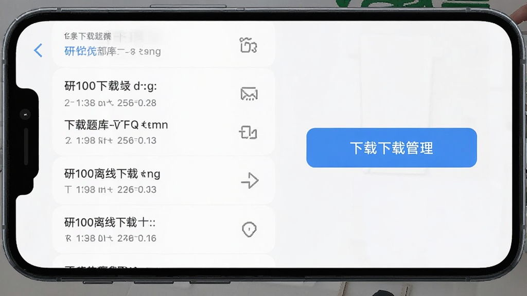 研100离线下载功能界面,手机屏幕显示已下载题库列表和下载管理按钮,界面干净无广告