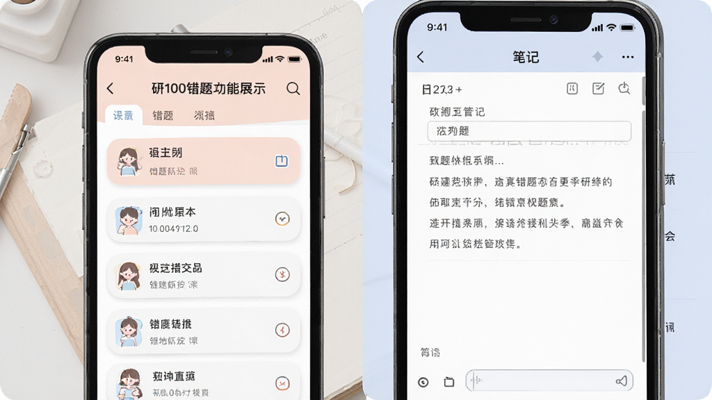 研100错题本功能展示,手机屏幕显示错题列表和笔记编辑界面,配色柔和,布局清晰