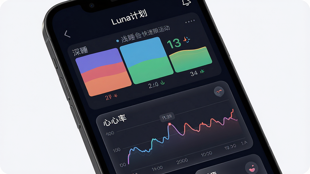 手机屏幕显示Luna计划的睡眠监测报告界面,上方是深睡浅睡快速眼动三段式彩色条状图,下方是心率折线图,背景为深色模式,数据卡片带有轻微毛玻璃效果,界面排版整洁,画质清晰,屏幕中显示“Luna计划”字样