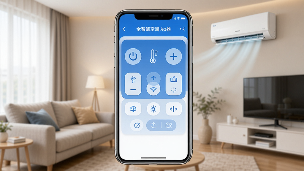 һ��չʾȫ���ܿյ�ң����App�������ͼƬ������������һ�������ֻ�����Ļ��ʾȫ���ܿյ�ң������ң����壬�е�Դ���ء��¶ȼӼ���ģʽ�л��Ȱ�ť����������ܰ�ļҾӿ����������յ����ڴ��磬�������ִ���Լ��������ɫ�����ʸɾ��������޶���Ԫ��