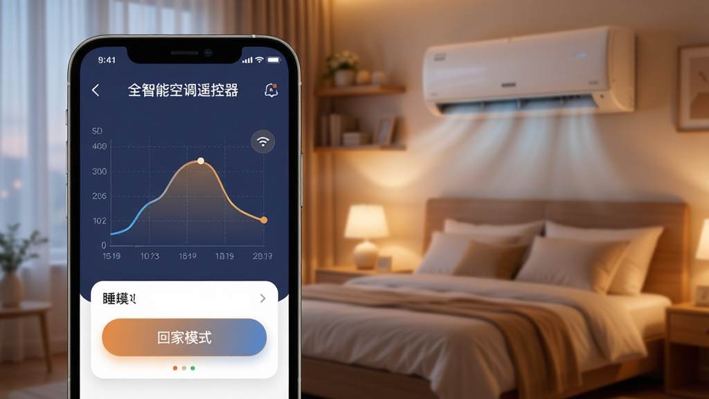ȫ���ܿյ�ң����App�����ܳ������ý��棬�ֻ���Ļ��ʾ˯������ͼ���ͻؼ�ģʽ��ť����������ܰ�����һ������յ��������У������������ů�����ֱ�ע��ȫ���ܿյ�ң������������ϸ�壬�޶���װ��
