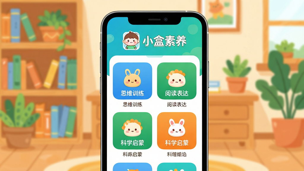С������App������ȫòչʾ�������������ֻ���Ļ����Ļ����ʾС������App����ҳ�������п�ͨ����Ʒ��Logo�͡�С�����������֣�ҳ����չʾ˼άѵ�����Ķ������ѧ���ɵȶ��ѧϰģ������ͼ�꣬ɫ���������ã������̳�Ϊ��ɫ������������ܰ�Ķ�ͯ�鷿����������ܺ���ֲ��׺�����Ϊ��ƽ����ͨ�廭�磬ϸ��Բ��ɰ������������ɾ����޶���Ԫ��