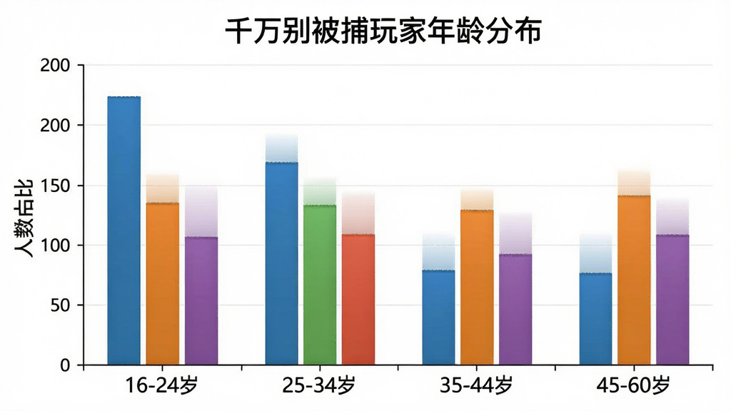 柱状图展示千万别被捕玩家年龄分布,横轴标注“16-24岁”“25-34岁”“35-44岁”“45-60岁”,纵轴显示人数占比,柱体颜色分别为蓝色、绿色、橙色、紫色,图表标题为“千万别被捕玩家年龄分布”,风格简洁商务,画质干净无多余元素