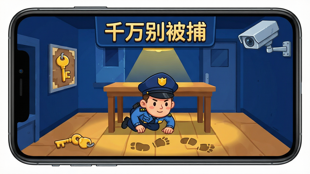 手机屏幕展示密室逃脱游戏界面,画面中央是卡通风格的警察巡逻场景,主角躲在桌子下面,屏幕上方显示“千万别被捕”游戏标题,整体配色以深蓝和暖黄为主,布局清晰,风格轻松诙谐,细节包含钥匙、脚印、监控摄像头等解谜元素,画质干净无多余元素