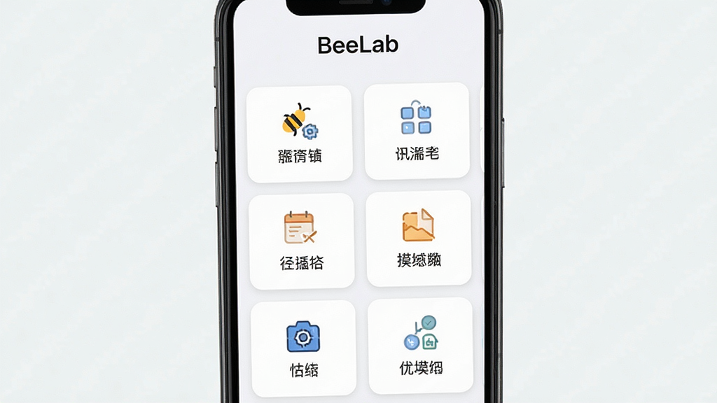 BeeLab����ģ��չʾͼ������Ϊ�ֻ���Ļ����������Ĺ��ܿ�Ƭ�����ֲ�������״�Ű棬�����ˬ��Լ��ϸ����ÿ�ſ�Ƭ����ͼ������ı�ǩ����Ļ�Ϸ���