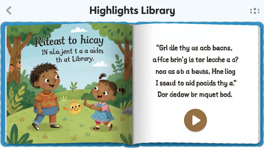 һ��Highlights LibraryӦ���ڻ汾�Ķ������ͼƬ��������չʾһ��������Ӣ�Ļ汾������ǲ�ɫ��ͼ���ұ���Ӣ�����ֺͲ��Ű�ť�������С�Highlights Library���������������������ͯȤ��ϸ�ھ��£����ʸɾ����޶���Ԫ��