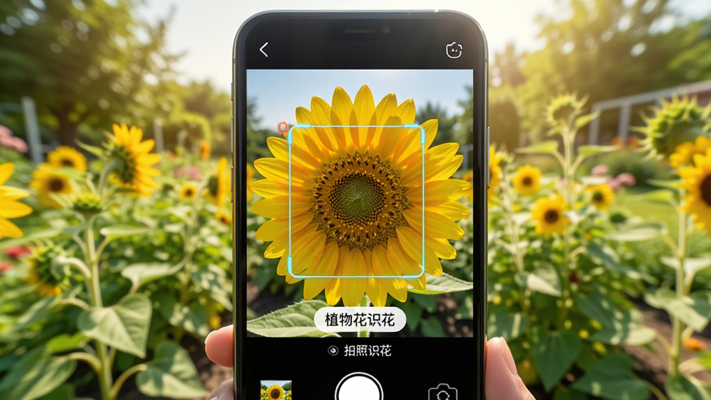 ������App������ʶ�����ܽ��棬�ֻ�����ͷ������һ��ʢ���Ļ�ɫ���տ�����Ļ�ϸ��ֳ�ʶ����ֲ�����Ʊ�ǩ���������������ĵĻ��⻨԰�����дʵ���������������ɾ�