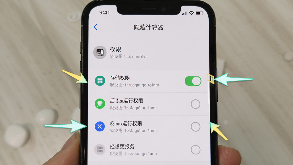 手机屏幕上显示「隐藏计算器」的权限设置页面,可以看到存储权限、后台运行权限等选项,界面清晰,有箭头指示操作步骤