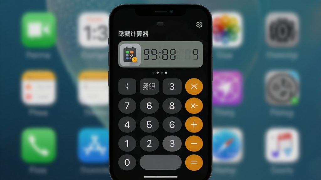 一个简洁的手机计算器应用界面,画面中央是「隐藏计算器」的应用图标和主界面,界面主体为深色主题,按键排列整齐,数字和符号清晰可见,背景是虚化的手机桌面,风格现代简约,画质干净,无多余元素