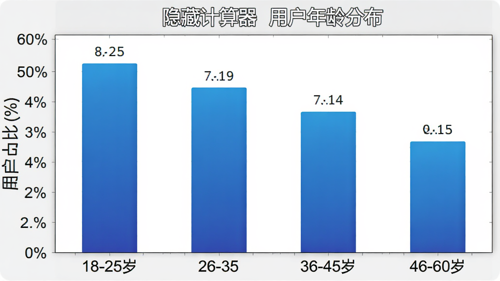 柱状图展示「隐藏计算器」用户年龄分布,横轴为18-25岁、26-35岁、36-45岁、46-60岁四个年龄段,纵轴为用户占比百分比,柱状图颜色为蓝色渐变,数据清晰,背景干净