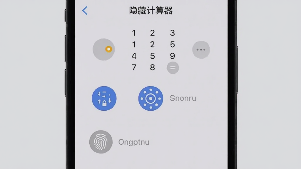手机屏幕上显示「隐藏计算器」的密码设置页面,有数字密码、图案锁、指纹解锁三个选项,界面简洁,图标清晰,背景为浅灰色