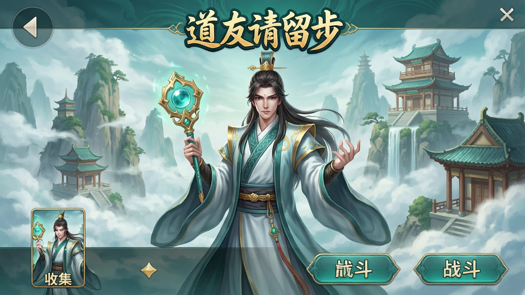 一张手机游戏界面截图,画面中央是国风修仙风格的卡牌角色立绘,角色身穿道袍手持法器,背景是云雾缭绕的仙山楼阁,界面顶部显示“道友请留步”游戏Logo,底部有卡牌收集和战斗按钮,整体色调以青绿和金色为主,风格为精致的中国风玄幻插画,画质清晰干净,无多余元素