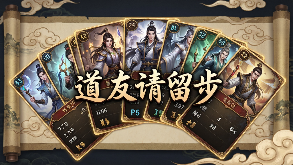 一张展现国风卡牌收集界面的图片,画面中多张精美的修仙角色卡牌呈扇形展开,卡牌上有角色立绘和属性数值,背景是古色古香的卷轴和祥云图案,图片中央有“道友请留步”几个艺术字,风格为中国风游戏UI设计,画质干净整洁