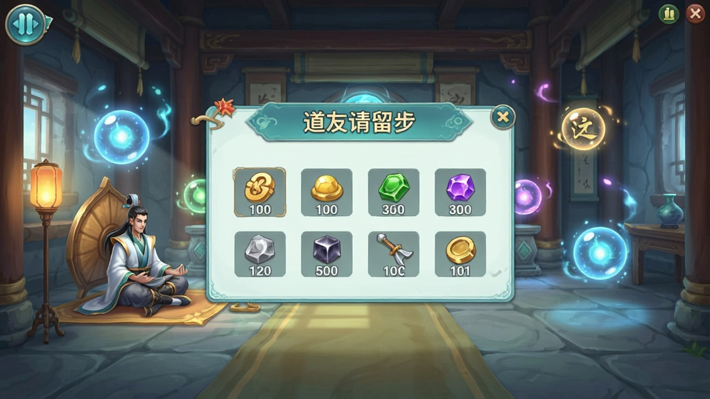一张游戏挂机收益界面的图片,画面中显示一个修仙洞府场景,洞府内有打坐的修士和漂浮的灵气光球,界面中央弹出收益结算面板,面板上有“道友请留步”的标题文字和各类资源图标,风格为清新明亮的国风游戏UI,画质清晰无杂乱元素