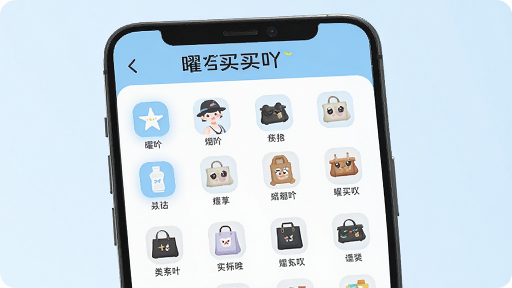 一张展示“曜买吖”应用内分类页面的示意图,画面中是一个手机界面,界面顶部写着“曜买吖”,下方是整齐排列的各类商品分类图标,每个图标下方有文字标签。界面设计简洁,以白色和浅蓝色为主色调,布局清晰,风格现代,画质干净。