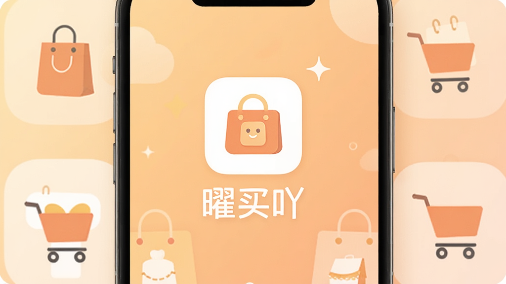 一张手机屏幕展示购物应用界面的图片,画面中央是简洁的APP图标,图标下方写着“曜买吖”三个字。背景是柔和的暖色调,周围散落着一些代表商品的抽象购物袋、小推车图标。整体风格现代扁平,画质干净明亮,无多余元素。