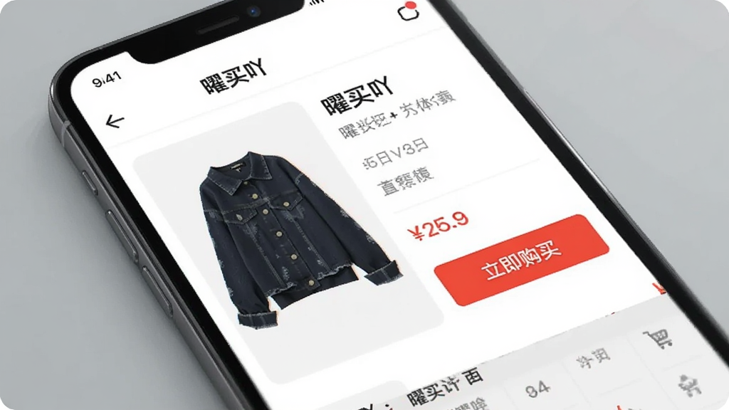 一张展示“曜买吖”应用内商品详情页的图片,手机屏幕显示着一件衣服的图片和价格信息,旁边有一个醒目的“立即购买”按钮。界面简洁,没有多余的广告横幅和弹窗。背景是柔和的灰色,风格写实,画质清晰,无多余元素。