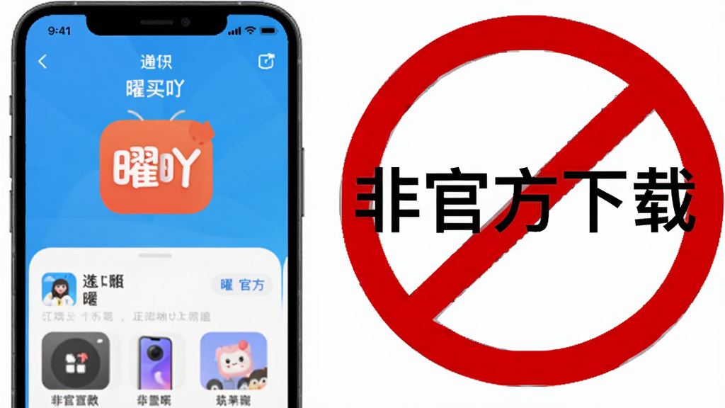 一张示意图,画面中是一部手机屏幕显示“曜买吖”应用界面,旁边有一个醒目的红色禁止符号覆盖在“非官方下载”的文字上。背景是简洁的白色,风格清晰明了,画质干净,无多余元素。