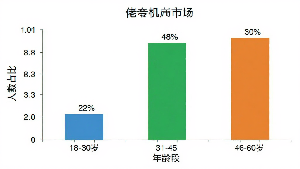 佬司机后市场 用户年龄分布柱状图 主体是柱状图表 布局为横轴年龄段纵轴人数占比 风格数据可视化 细节18-30岁占22% 31-45岁占48% 46-60岁占30% 画质干净