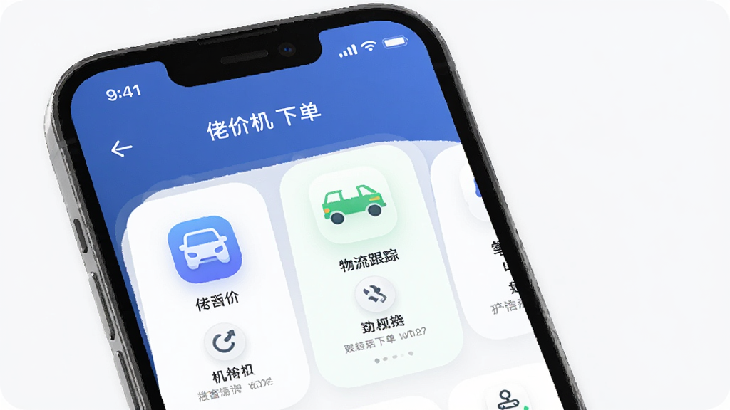 佬司机后市场 汽配供应链App手机界面展示 主体是手机屏幕 布局为首页询价下单物流跟踪三大模块 排版简洁清晰 风格现代扁平化 细节圆润图标 画质干净无多余元素