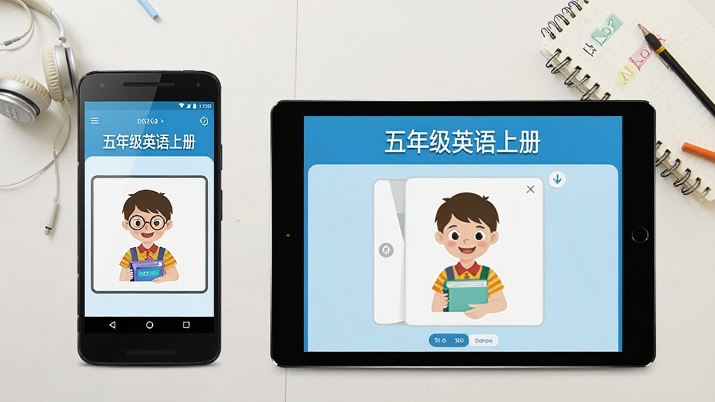 一张展示五年级英语上册App在手机和平板上运行效果的生成图片,画面左侧是一部安卓手机显示点读界面,右侧是一台平板电脑显示同样的界面但布局更宽松,