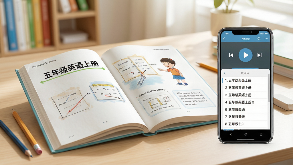 一张展示五年级英语上册App核心界面的生成图片,画面中央是一本打开的英语课本,课本页面上显示着