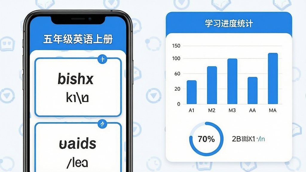 一张展示五年级英语上册App单词速记卡片和学习进度记录的生成图片,画面左侧是手机屏幕显示单词卡片界面,卡片上有英文单词和音标,