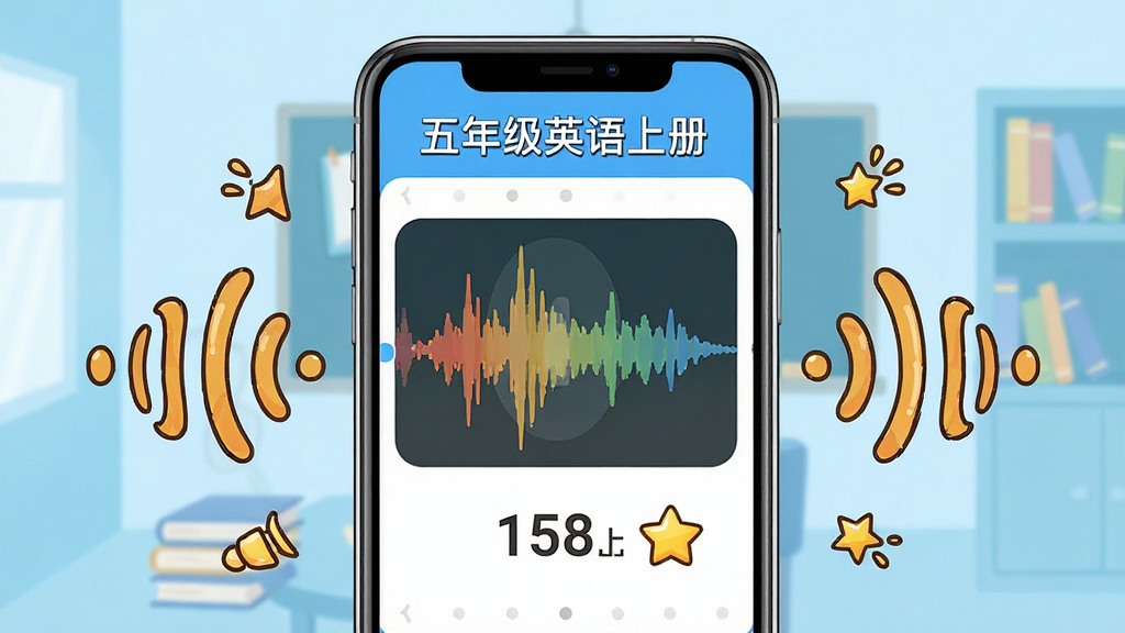 一张展示五年级英语上册App句子跟读评分功能的生成图片,画面中央是一部手机,手机屏幕上显示着英语句子跟读界面,