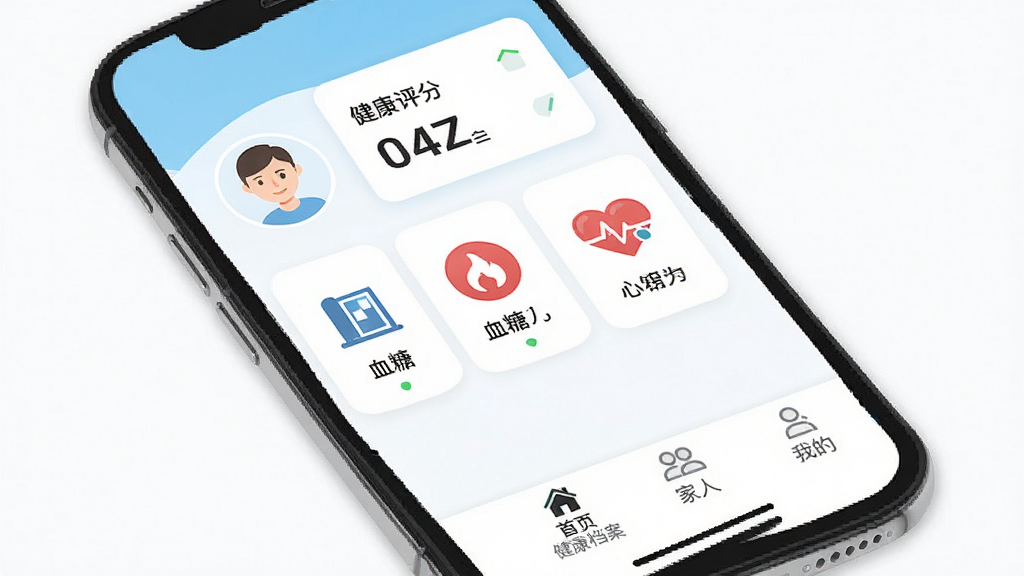 手机屏幕展示福寿康App主界面,白色和浅蓝色调,顶部显示用户头像和健康评分卡片,中间排列血压、血糖、心率等健康数据图标,底部为首页、健康档案、家人、我的四个标签栏,界面干净清爽,扁平化设计,文字标注清晰,画质干净无多余元素