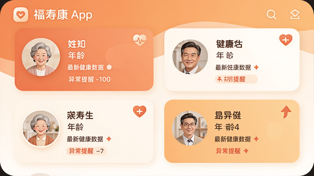 福寿康App家人关注功能界面,展示多位家庭成员的健康状态卡片,每张卡片包含姓名、年龄、最新健康数据、异常提醒标识,界面以暖色调为主,布局清晰,图标圆润,风格温馨现代,画质干净无多余元素