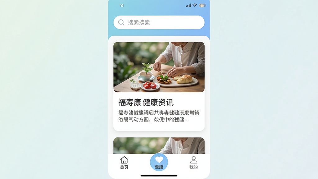 福寿康App健康资讯页面,顶部搜索栏,下方信息流展示健康科普文章卡片,每张卡片有配图、标题和简短摘要,底部导航栏高亮在健康页签,整体配色柔和,阅读体验舒适,画质干净无多余元素
