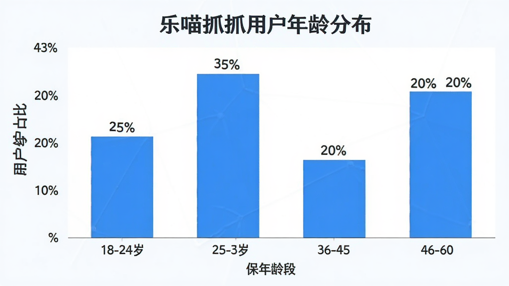 一张展示乐喵抓抓用户年龄分布的柱状图,横轴是年龄段,纵轴是用户占比,柱状图显示18-24岁占比25%,25-35岁占比35%,36-45岁占比20%,46-60岁占比20%,图表风格简洁,蓝白配色,标注清晰,画质干净