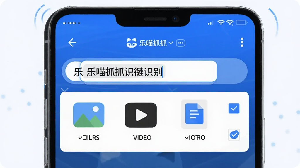 一张展示乐喵抓抓智能识别功能的图片,画面中一部手机正在运行乐喵抓抓,屏幕上显示一个网址被粘贴进输入框,下方自动列出了识别到的图片、视频和文档图标,旁边有勾选框,整体布局清晰,风格科技感,蓝白色调,画质干净