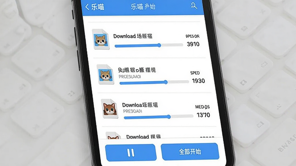 一张展示乐喵抓抓批量下载管理界面的图片,画面中手机屏幕上显示下载任务列表,多个文件正在同时下载,有进度条和速度显示,底部有暂停和全部开始按钮,界面整洁,蓝白配色,画质清晰