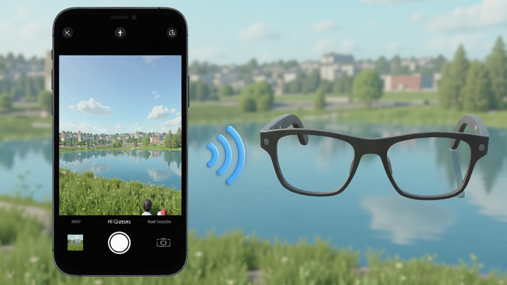 һ��չʾHi Glassesʵʱ���洫�书�ܵĳ���ͼ�����������һ���ֻ���ʾʵʱԤ�����棬�Ҳ���һ�������۾����м��������ź�ͼ�����ӣ������ǻ���羰�����дʵ�Ƽ��У�ɫ�������������������޶���Ԫ��