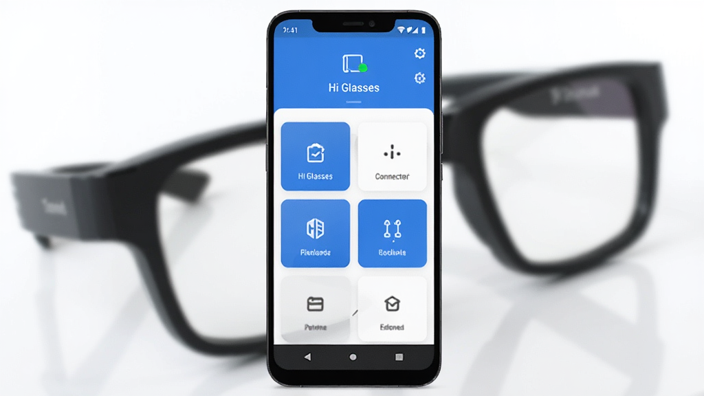 һ��չʾHi GlassesӦ��������ĳ���ͼ������������һ����׿�ֻ�����Ļ��ʾHi Glasses�ļ����棬�������豸����״̬ͼ�꣬�м��ǹ��ܿ�Ƭʽ���֣��������黯�������۾���Ʒͼ������ɫ���ԿƼ����Ͱ�ɫΪ��������ִ���Լ��ϸ�����������ʸɾ��޶���Ԫ��