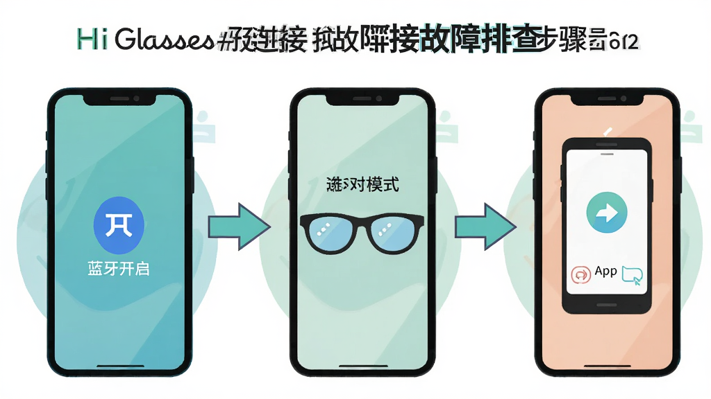 һ��չʾHi Glasses���ӹ����Ų鲽���ʾ��ͼ�������Ϊ��������һ���ֻ������������ڶ����۾��������ģʽ��������App������ӣ��ü�ͷ����������ƽ�廭����ɫ���£����ֱ�ǩ���������ʸɾ��޶���Ԫ��