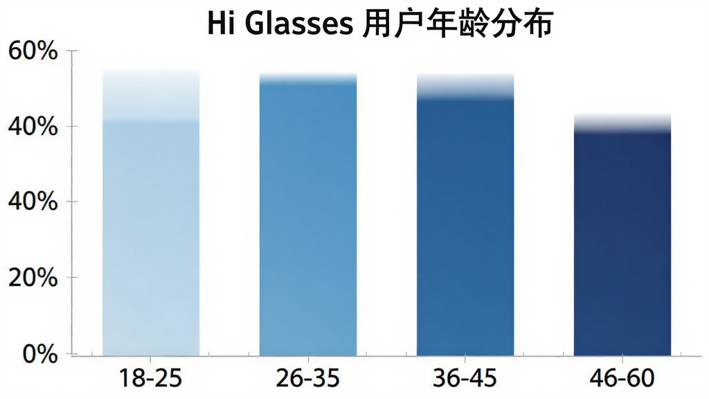 һ��չʾHi Glasses�û�����ֲ�����״ͼ������Ϊ�����18-25��26-35��36-45��46-60������Ϊ�û�ռ�Ȱٷֱȣ���״��ɫ��ǳ�����������䣬������ɫ����������ݿ��ӻ������ֱ�ǩ���������ʸɾ��޶���Ԫ��