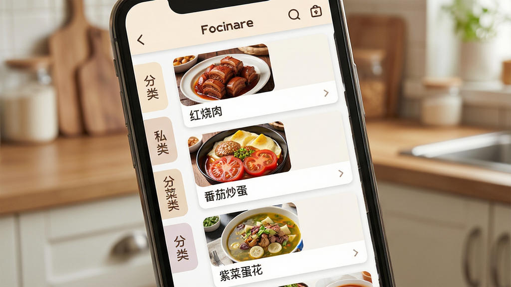 һ��չʾCocinare˽�˲��׹������ܵ�ͼƬ��������һ���ֻ���Ļ��ʾ�����б����棬��Ļ�п�Ƭʽ�����ź����⡢���ѳ������ϲ˵������Ȳ�����Ŀ���������Ϊ�����ǩ�Ҳ�Ϊ���׿�Ƭ���Ű��������򣬷����ܰ�Ӽң�ϸ�ڰ�����������ͼ�ͷ���ͼ�꣬���ʸɾ��޶���Ԫ��