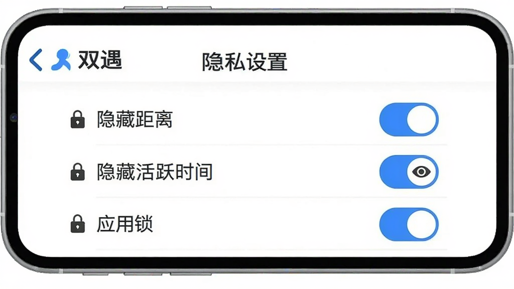 ˫��App����˽����ҳ��չʾ���ֻ���Ļ����ʾ�š���˽���á��˵������������ؾ��롱�������ػ�Ծʱ�䡱����Ӧ�������ȿ���ѡ�����Ϊ��ɫ����״̬���Ա���С�����۾���ͼ�꣬����Ϊ����ɫ����������������ƽ�������ʸɾ�����Ļ�����С�˫����Logo��