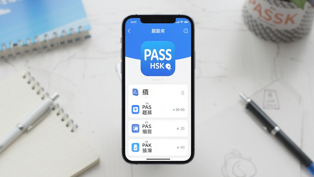 һ��չʾPASS HSKӦ���������ͼƬ�������������ֻ���Ļ����Ļ����ʾPASS HSKӦ��ͼ��ͼ�������б����棬�������������ľߣ��������ֻ���APP���棬���־��У��Ű�ɾ�����������ִ���ϸ�ڰ�����ɫ��ɫ���������ĺ��ֺ�ƴ����ע�����ʸ��壬�ɾ����޶���Ԫ��